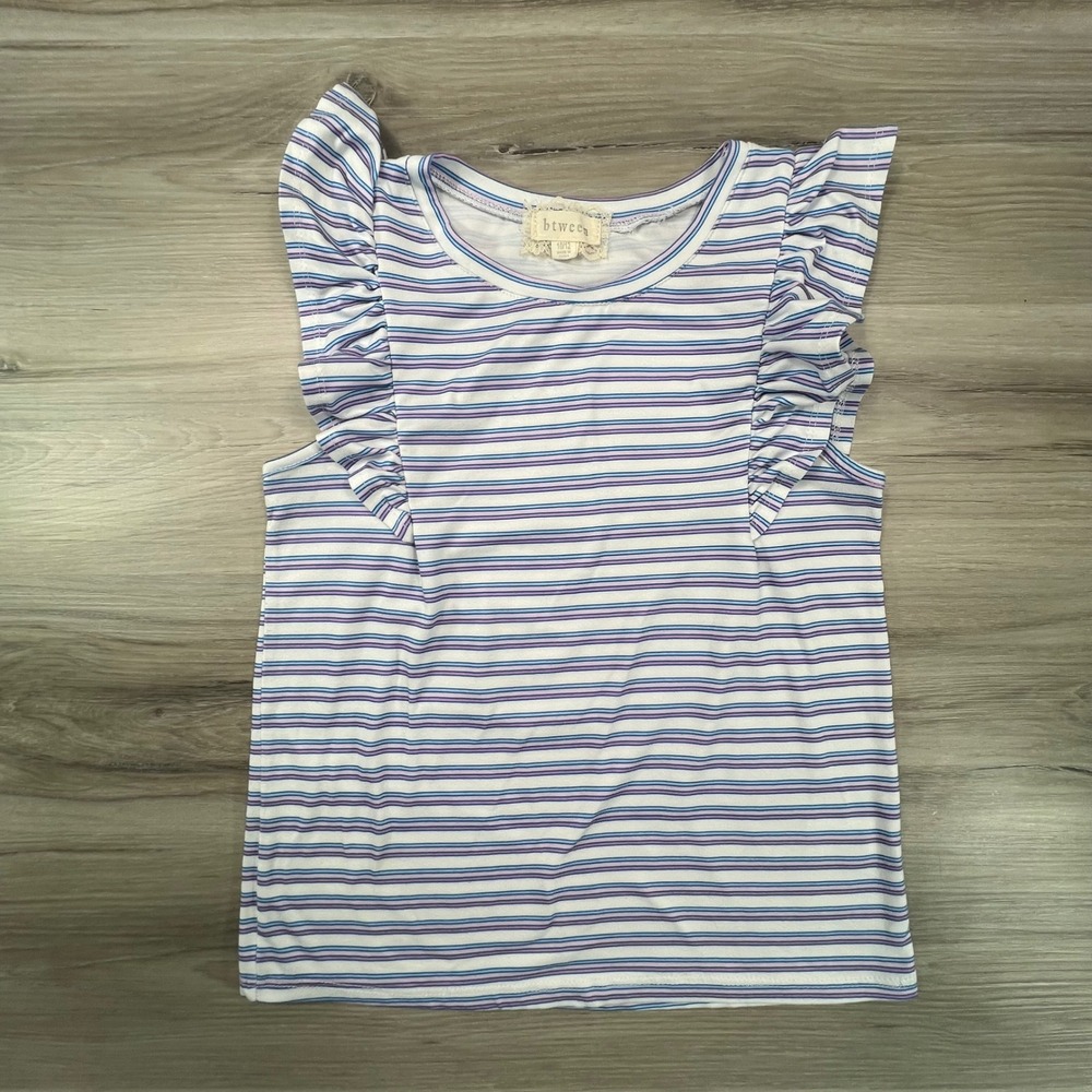 Kids Girls Btwween Striped Ruffle Sleeve Tee Top Size 10/12‎